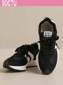 Sepatu Sneakers Platform Nyaman untuk Pelajar, Kasual, Nyaman, Bertali, Ujung Bulat, untuk Wanita - Hitam - View 2