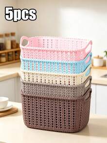 5/3/1pc Minimalist Aesthetic Macaron Color Plastic Rectangular Woven Texture Open Storage Basket, Dual Handle Stackable Snack Storage Box, Kitchen Bathroom Closet Desktop Cosmetic Sundries Organizer Box, Daily Use - Multiple Colors and Styles - View 16