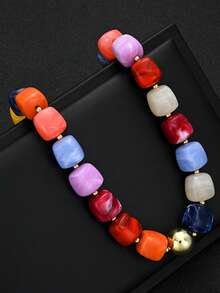 1pc Fashionable Minimalist Bohemian Colorful Chunky Beaded Necklace For Women, Summer Beach Vacation Date Party Holiday Birthday Gift, Versatile For Daily Wear (Randomly Matched Colorful Beads) - Multicolor - View 2