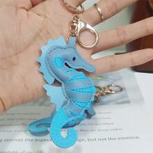 Blue Summer Popular PU Leather Marine Life Seahorse Keychain Handbag Backpack Car Clothing Decoration Pendant Friend Birthday Gift - A - View 6