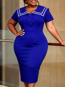 Vintage Blue Plus Size Fitted Midi Dress, Sailor Collar Short Sleeve, Slim Fit, Suitable For Women's Daily Casual, Office Commute Graduation Occasions - Blue - View 1