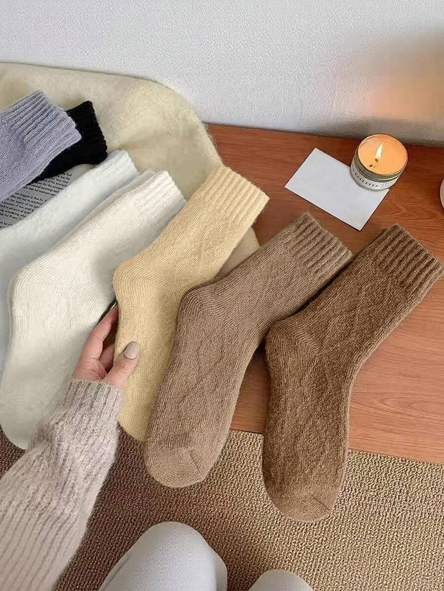 3/5 Pairs Of Random Ladies Socks In Winter Solid Color Soft, Warm And Simple Retro Stockings, Suitable For Daily Wear At Home. - Multicolor - View 1