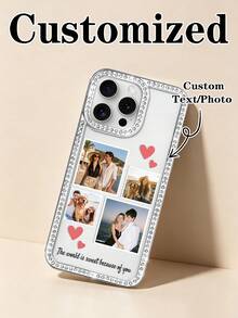 1 Shiny Diamond Transparent Heart-Shaped Pattern Phone Case, Customizable With Couple Photos And Names, Silver Plated Luxury Shiny Diamond Transparent Phone Case Compatible With IPhone 16e/17 Pro Max/15 Pro Max/14 Plus/13 Pro, Using Hard Acrylic Shock-Absorbing Protective Material With Anti-Collision Borders. Suitable As A Gift For Friends - Silver - View 2