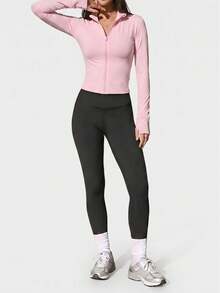 Slim Fit Zipper Yoga Long Sleeve Top Pink - Pink - View 6