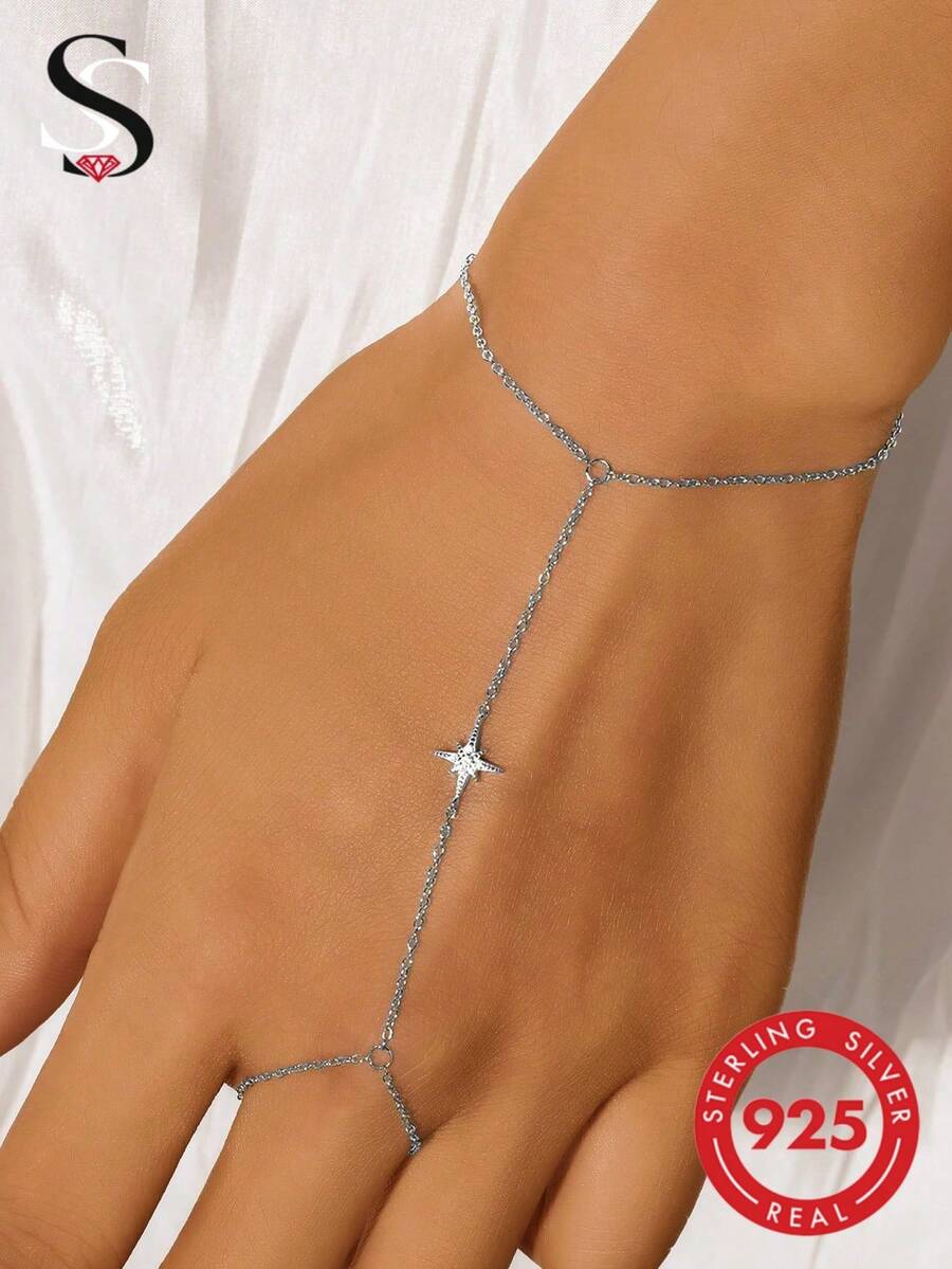 SereneSpark 1pc S925 Sterling Silver North Star CZ Hand Chain Dainty Hand Harness Finger Bracelet Stackable Hand Jewelry Wedding Birthday Gift For Women - Silver - View 1
