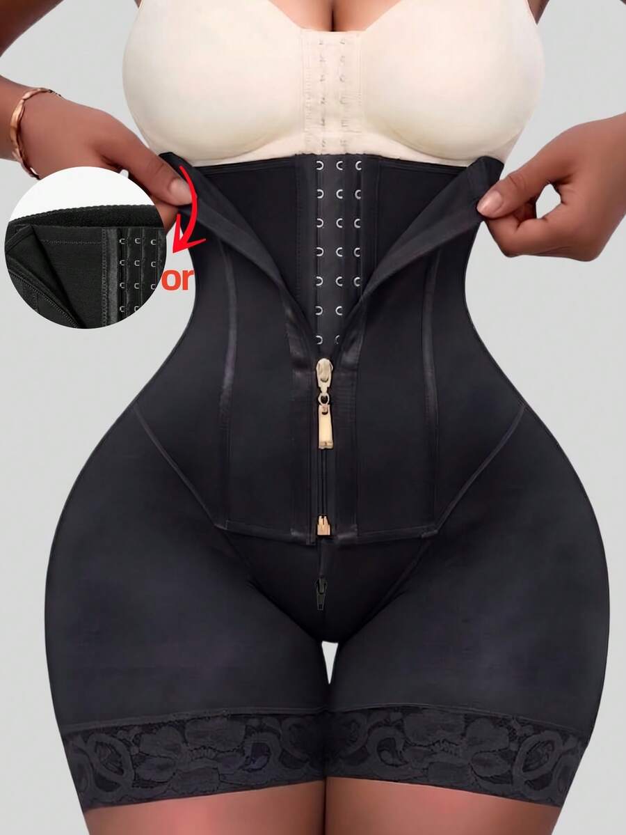 1pc Colombian High Waist Shaping Shorts, Tummy Control Shaping Panty, Butt Lift Slimming Leg Zipper Butt Lift Shaping Pants, Compression Shaping Pants - Black - View 1