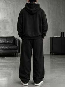 HEYKESON Men's Hoodie & Wide Leg Sweatpants 2 Pieces Loose Casual Sports Set - Black - View 3