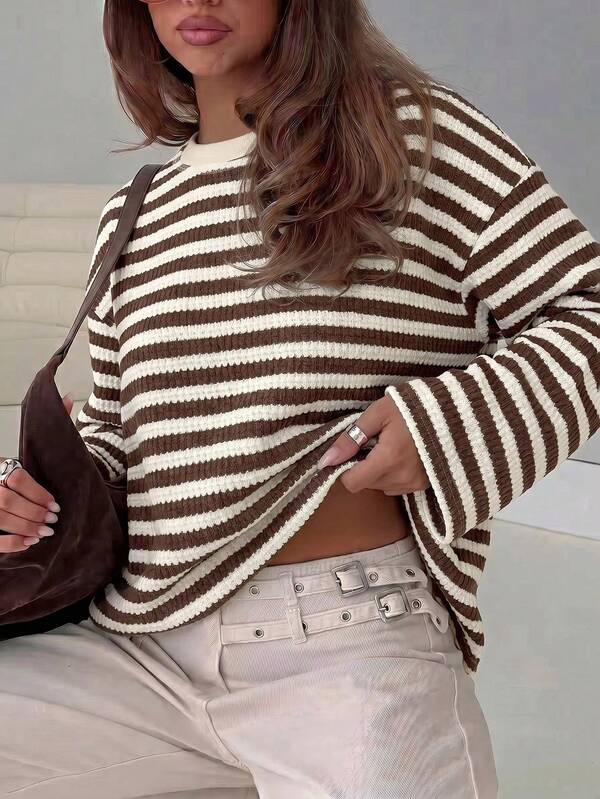 SDNGED Women's Casual Top Striped Colorblock Ribbed Daily Wear Spring Autumn Vacation