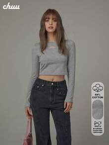 CHUU Letter Print Long Sleeve T-Shirt Women Autumn Sweet Cool Slim Fit Round Neck Cropped Top - Grey - View 1