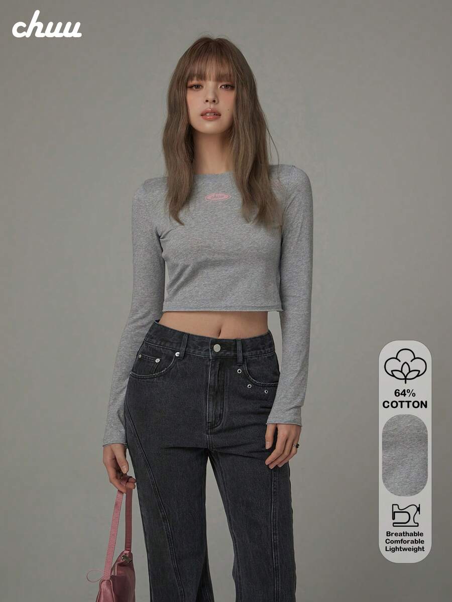 CHUU Letter Print Long Sleeve T-Shirt Women Autumn Sweet Cool Slim Fit Round Neck Cropped Top - Grey - View 1