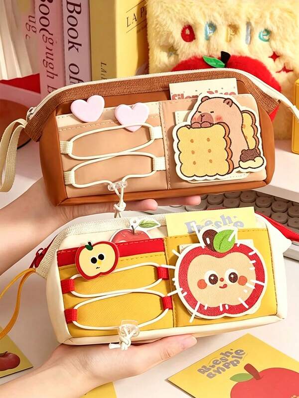 1pc Cute Drawstring Pencil Case Large Capacity, Fun Cartoon Stationery Box, 5-Layer Storage With Hook-And-Loop Student Canvas Pencil Pouch