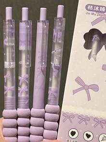 4pcs Cute Bow Press-Type Pens, Fashion Design, High Quality, Quick-Drying Neutral Ink, 0.5mm Black Ink, Suitable For Notebooks, Exams, Office Supplies And Student Gifts. - Ice Blue Bow Pen - View 3