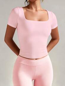 XLLAIS Solid Color Short Sleeve Square Neck Basic Women's Top, Stretchy Fitted Valentine's Day Pink T-Shirt Casual Summer - Baby Pink - View 3