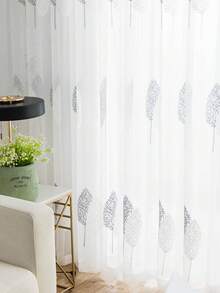 1PC British Elegant Grey & White Leaf Embroidery Sheer Curtain, White Embroidered Nordic Wooden Style Home Window Rod Pocket Translucent Decorative Sheer Curtain - Multicolor - View 11