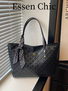 1pc Black Silk Scarf Decor Large Capacity Quilted PU Tote Bag Women's Shoulder Bag - Black - View 1