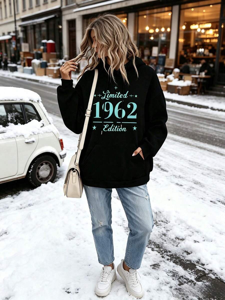Women's Limited Edition1962Hooded Sweatshirt,Round Collar Design,Loose Design,Street Hip-Hop Style,Comfortable To Wear,Personalized Print. - 黑色 - 查看 1