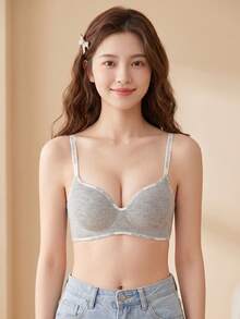 1 chiếc áo ngực nâng ngực không dây thoải mái phong cách thường ngày cho nữ, kiểu ngọt ngào cho con gái, phù hợp cho ngực nhỏ [đặc biệt cho ngực phẳng] - Xám - Xem 2