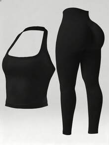 Women's Seamless Halter Neck Tank Top + High Waist Leggings 2pcs Set, Tummy Control & Butt Lift, Suitable For Yoga, Fitness, Workout And Daily Wear - Black - View 1