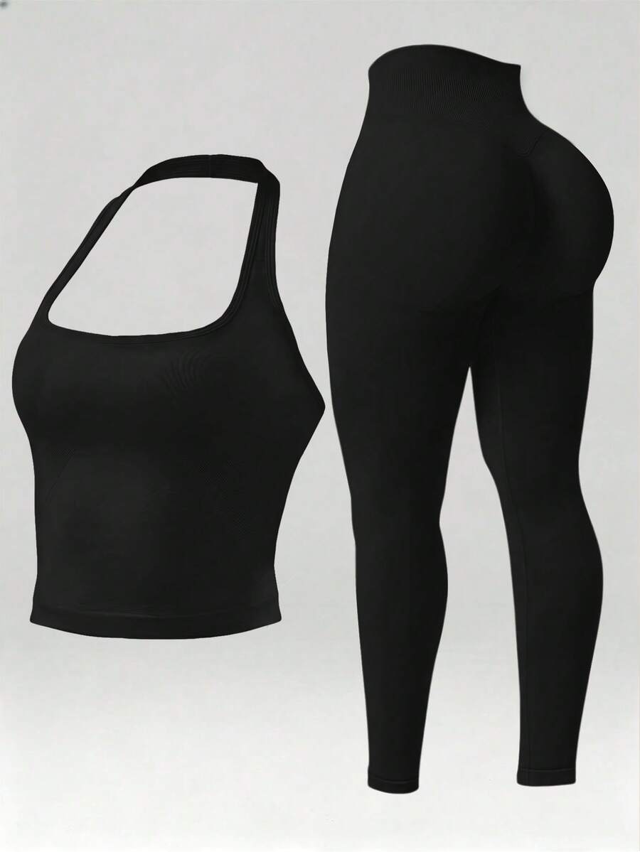 Women's Seamless Halter Neck Tank Top + High Waist Leggings 2pcs Set, Tummy Control & Butt Lift, Suitable For Yoga, Fitness, Workout And Daily Wear - Black - View 1