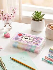 1pc Custom Text Pencil Case, Transparent Stationery Storage Box, Custom Cartoon Pattern Pencil Box, Back To School Supplies Gift - Multicolor - View 3