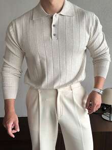 Men Knit Polo Sweater Lapel Button Long Sleeve Top, Minimal Smart Casual Shirt For Men Office Daily Commuter Outfit - Light Grey - View 3