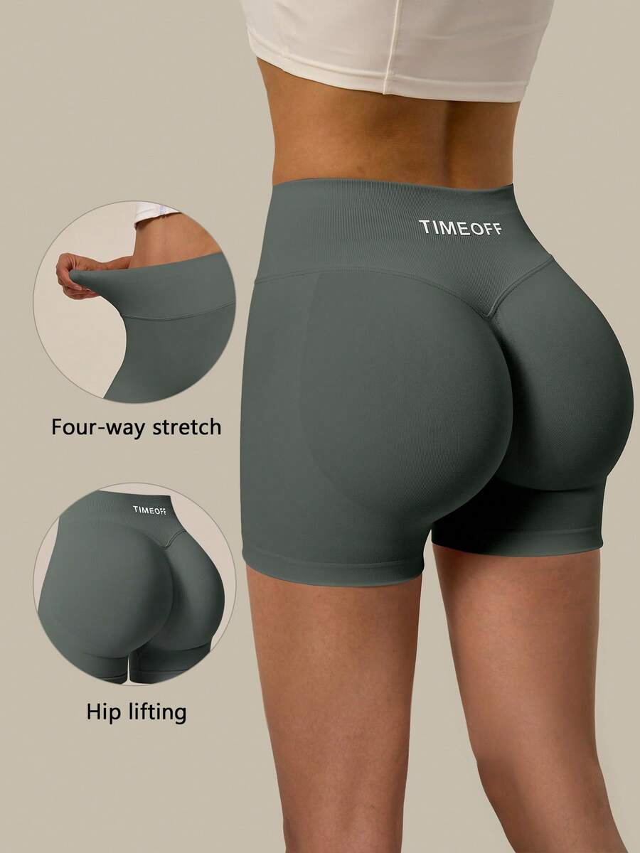 TimeOff 1 pieza de pantalones cortos deportivos de mujer de unicolor con cintura alta, banda de cintura acanalada y espalda fruncida - Gris Oscuro - Ver 1