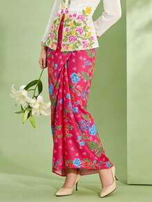 1pc Floral Print Elegant Nyonya Kebaya Skirt For Women, Spring/Summer, Magenta Skirt (Top Not Included) - Hot Pink - View 3