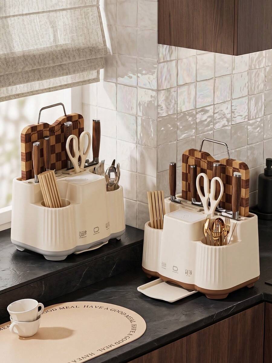 Multifunctional Kitchen Utensil Storage Rack, Countertop Knife Fork Chopstick Holder With Cutting Board Rack, Equipped With Pull-Out Water Tray, Keeps Kitchen Utensils Dry And Hygienic, Greatly Organizes Messy Kitchen Countertop - Multicolor - View 1