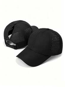 1 pieza Gorra de béisbol de malla transpirable de secado rápido de unicolor con cola de caballo y visera de pato ajustable - Gorra de béisbol de secado rápido para coleta - Ver 14