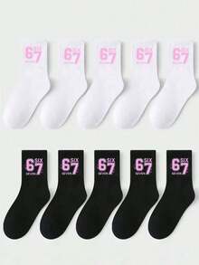 3 Pairs Kids Ribbed Crew Socks,Black And White Contrast Hosiery With Pink Number 67 For Back To School,Halloween, Casual Essentials For Students - Multicolor - View 3