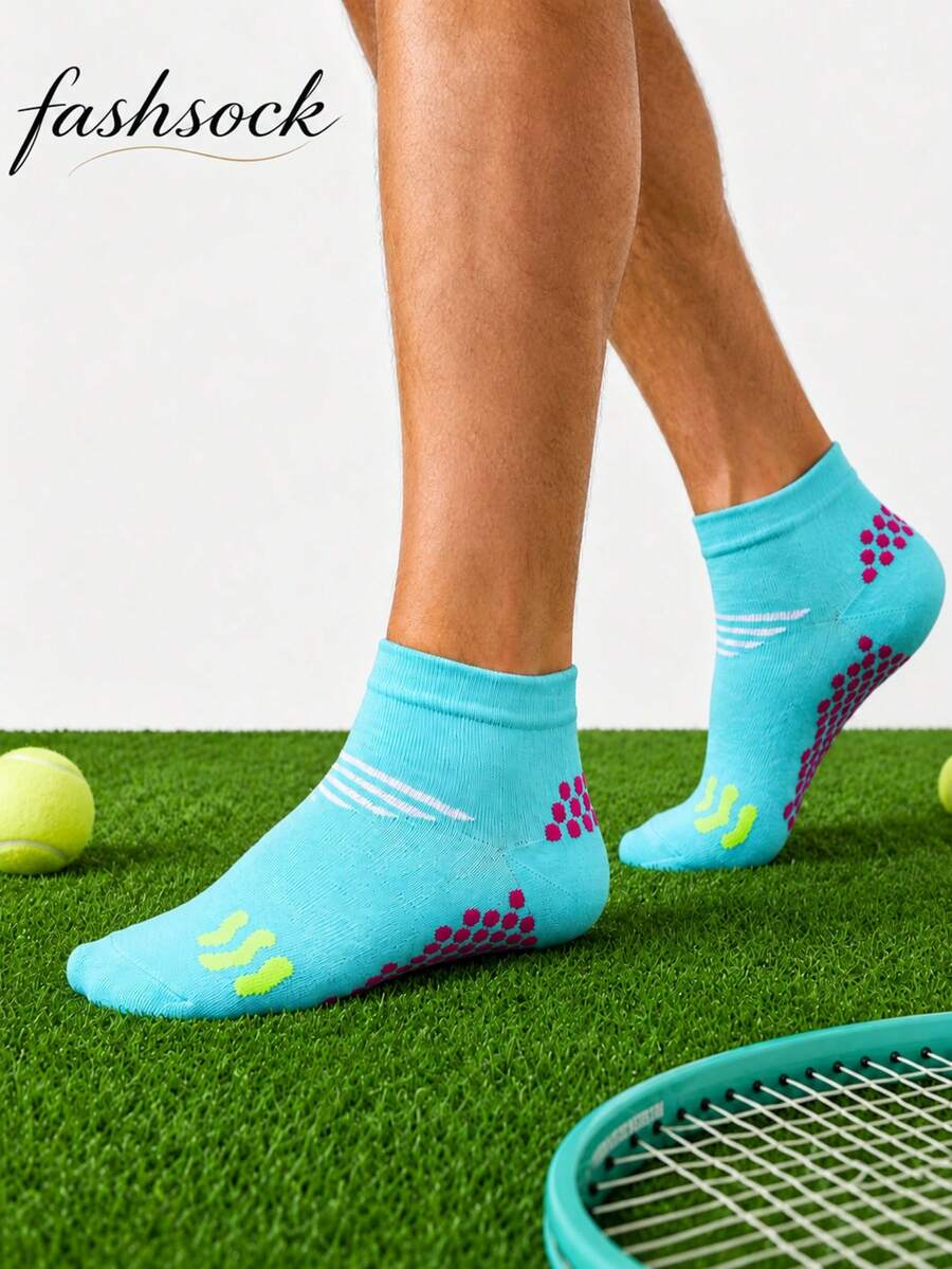 4 Pairs Random NoveltyMen Color Block Dot Pull Tab Ankle Socks, Antislip Heel Side Stripe Tennis Sports Socks, Breathable Moisture Wicking CasualSocks - Multicolor - View 1