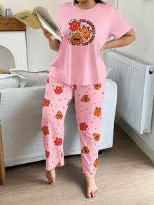 Plus Size Women's Casual Wearable Loungewear Pajama Set, Cute Quirky Cartoon Monster Print Short Sleeve Top & Long Pants 2 Pieces Set - Pink - View 1
