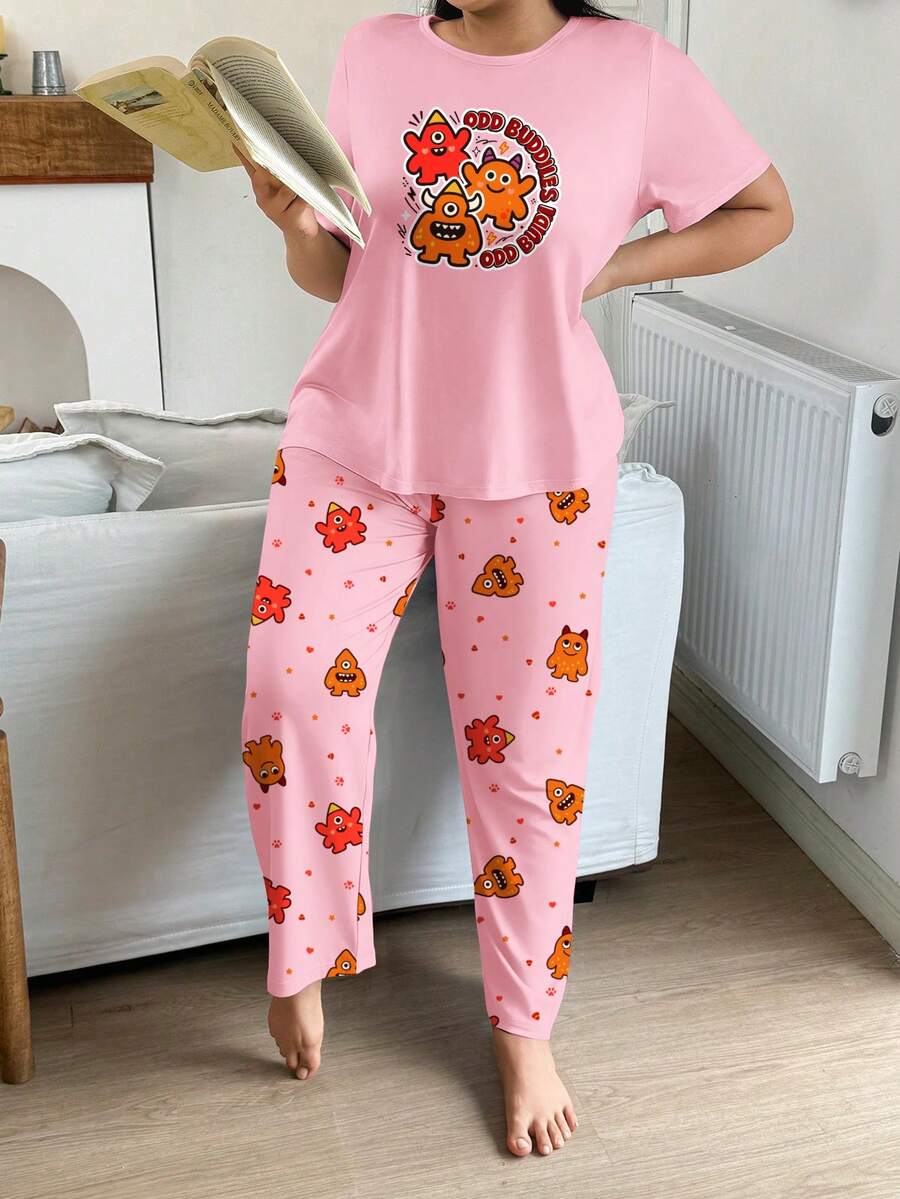 Plus Size Women's Casual Wearable Loungewear Pajama Set, Cute Quirky Cartoon Monster Print Short Sleeve Top & Long Pants 2 Pieces Set - Pink - View 1