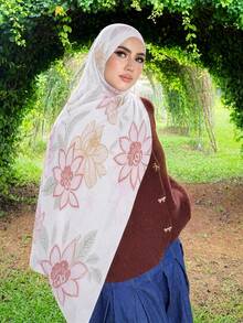 1pc Women's Bohemian Style Watercolor Floral Print Viscose Fiber Scarf, Casual Street Hijab Shawl, Suitable For Daily Wear And Summer Beach - White - View 1