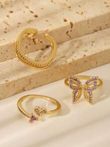 3pcs Set Exquisite Stackable Diamond Ring Set, Butterfly Decor Elegant Gold Ring, Women's Party Decorative Ring - Gold - View 7