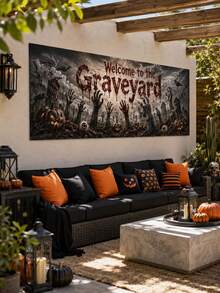 1件裝 Welcome To The Graveyard 萬聖節橫幅，恐怖風聚酯纖維長方形壁掛裝飾牌，印有殭屍手、南瓜與墓碑圖案，適用門廊、居家、鬼屋派對裝飾 - 多色 - 查看 5