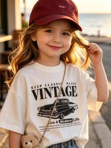 1PC White Vintage Classic Car Graphic Tee, Teen Girls Retro Streetwear Crew Neck T-Shirt For Back To School Thanksgiving Fall Casual Outfits - 白色 - 查看 1