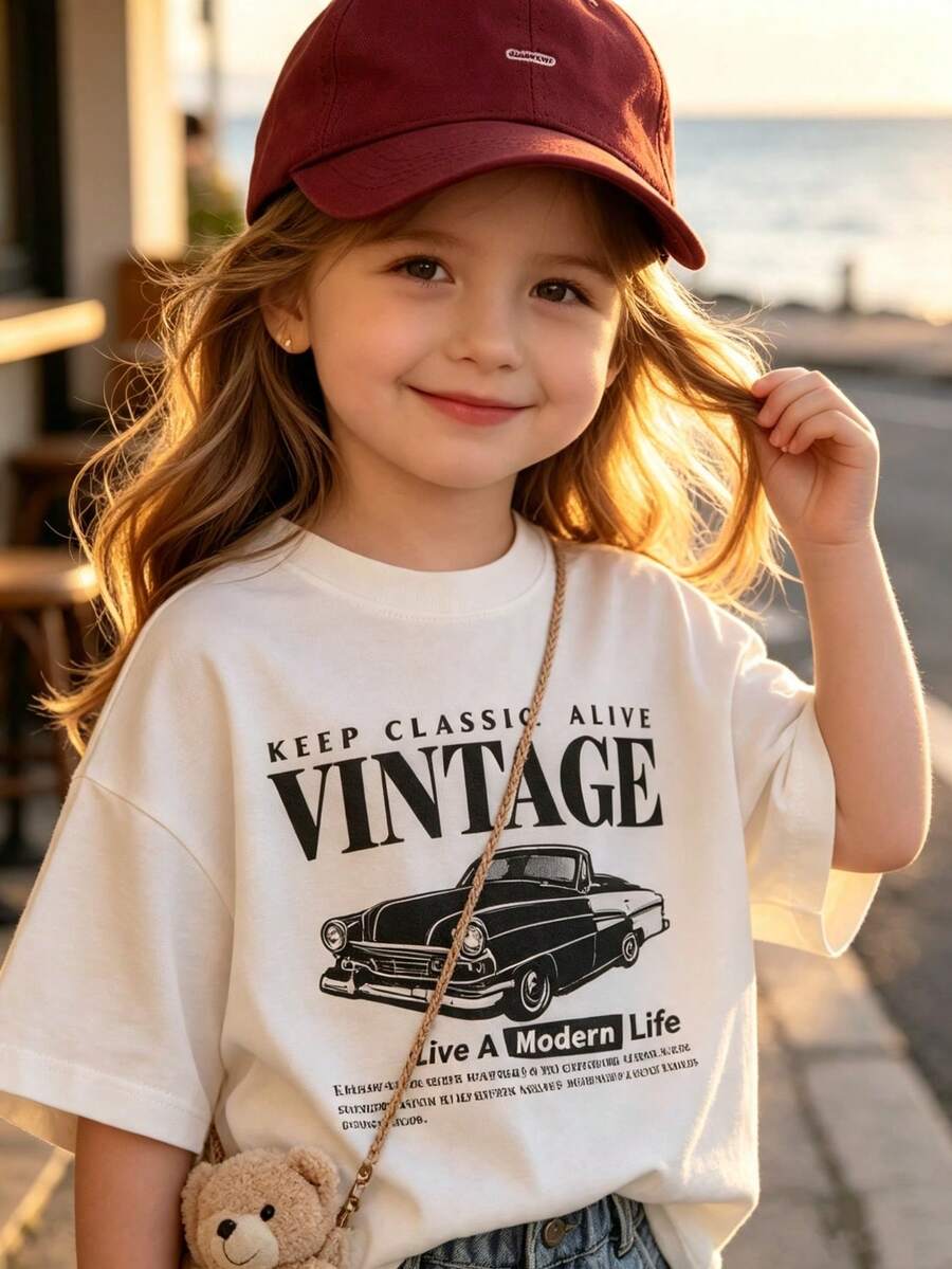 1PC White Vintage Classic Car Graphic Tee, Teen Girls Retro Streetwear Crew Neck T-Shirt For Back To School Thanksgiving Fall Casual Outfits - 白色 - 查看 1