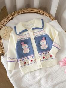 1pc Girls Winter Snowman Jacquard Knit Cardigan, Peter Pan Collar Contrast Color Single-Breasted Long Sleeve Baby Coat, Spring/Autumn Layering Sweater - Beige - View 11