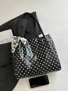 1pc Black Silk Scarf Decor Large Capacity Polka Dot PU Tote Bag Women's Shoulder Bag - Black - View 4