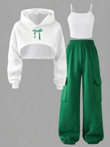 Bộ 3 món cho bé gái gồm áo hoodie nỉ dáng rộng in nơ phong cách thường ngày, áo hai dây dệt kim và quần cargo dệt kim màu xanh lá, phù hợp cho mùa xuân, thu và đông - màu xanh lá - Xem 2