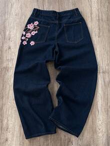 Teen Boy Fashion Brand Plum Blossom Embroidered Streetwear Denim Jeans - Navy Blue - View 2