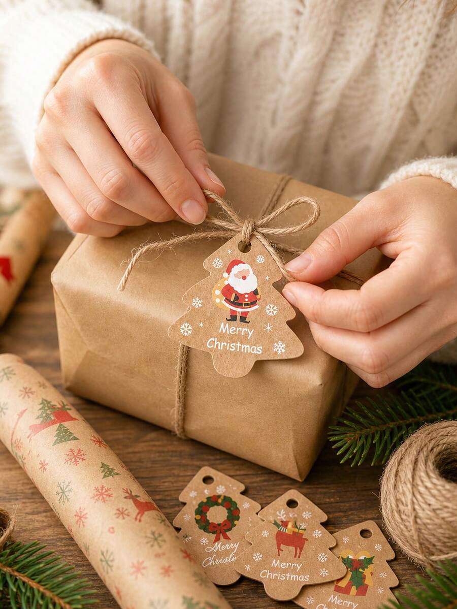 Vintage Christmas Tree Shaped Slogan Pattern Gift Tags With Rope, Santa Claus & Snowman Pattern Paper Gift Decoration Labels, Suitable For Christmas Party Gifts, Christmas - Multicolor - View 1