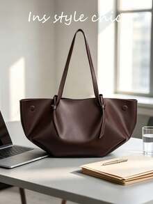 Solid Color Magnetic Closure Large Capacity Tote Bag, Portable Handheld Shoulder Tote Bag, Suitable For Students, Young Professionals For Daily Commute, Outings, Dates And Short Trips - Coffee - View 6
