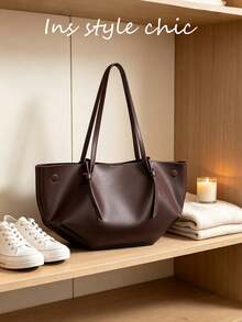 Solid Color Magnetic Closure Large Capacity Tote Bag, Portable Handheld Shoulder Tote Bag, Suitable For Students, Young Professionals For Daily Commute, Outings, Dates And Short Trips - Coffee - View 7