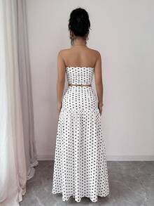 abyoxi Women's White With Black Polka Dot Floral Print Strapless Ruched Cropped Top + Flowy Long Skirt 2 Pieces Set Elegant Summer - Black Dots On White - View 2