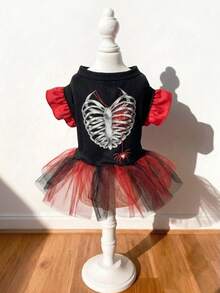 LUCKIE PAL 1pc Halloween Skeleton Print Pet Mesh Dress With Flutter Sleeves And Ruffle Trim, Cute Ballet Style Fairy Tutu Dress For Cats And Dogs - Multicolor - View 1