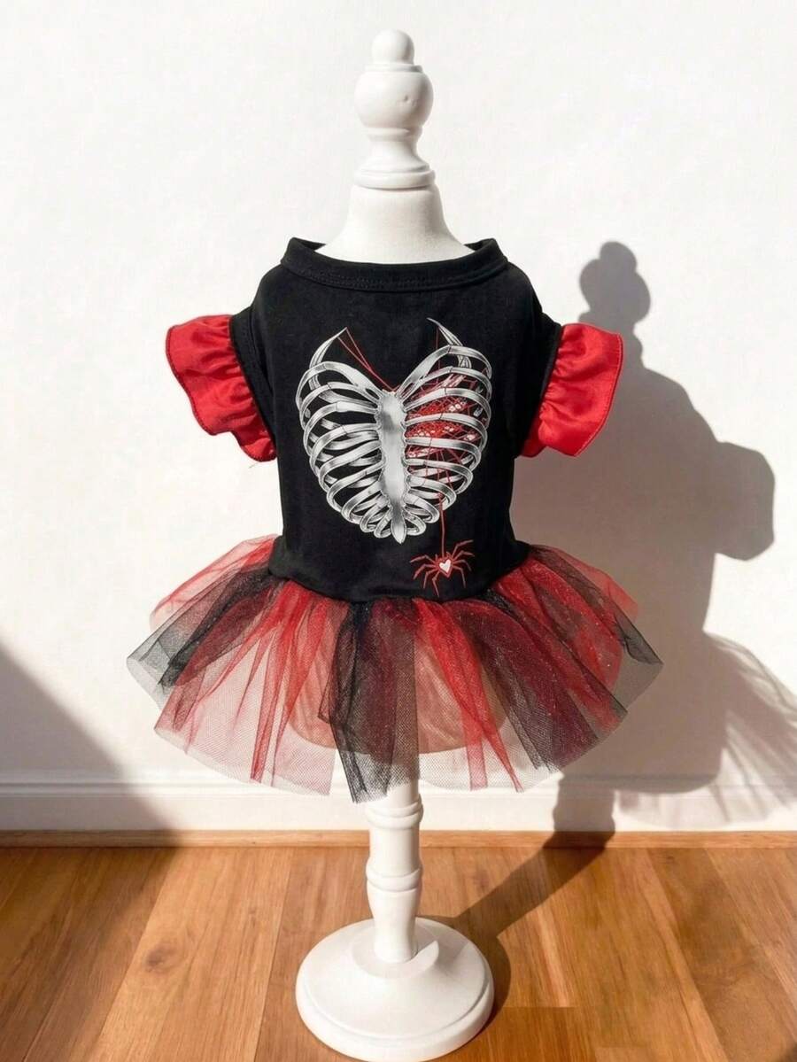LUCKIE PAL 1pc Halloween Skeleton Print Pet Mesh Dress With Flutter Sleeves And Ruffle Trim, Cute Ballet Style Fairy Tutu Dress For Cats And Dogs - Multicolor - View 1