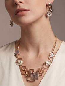 Cring Coco 2pcs/Set Fashion Boho Enamel Geometric Jewelry Set For Woman Accessories Golden Necklace And Earrings Sets Daily Party Vacation Birthday Gift - Geometry - View 2