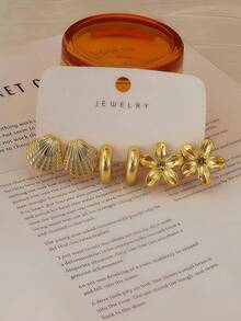 6pcs/18pcs Gold Fashion Women's Earring Set, Including Left And Right Ear Flowers, Five-Petal Flowers, Teardrop, Heart And Small C-Shape Designs, Fashionable And Elegant Style, Suitable For Daily Wear, Gatherings And Parties. Perfect Gift For Girlfriend, Mother. - Gold - View 5